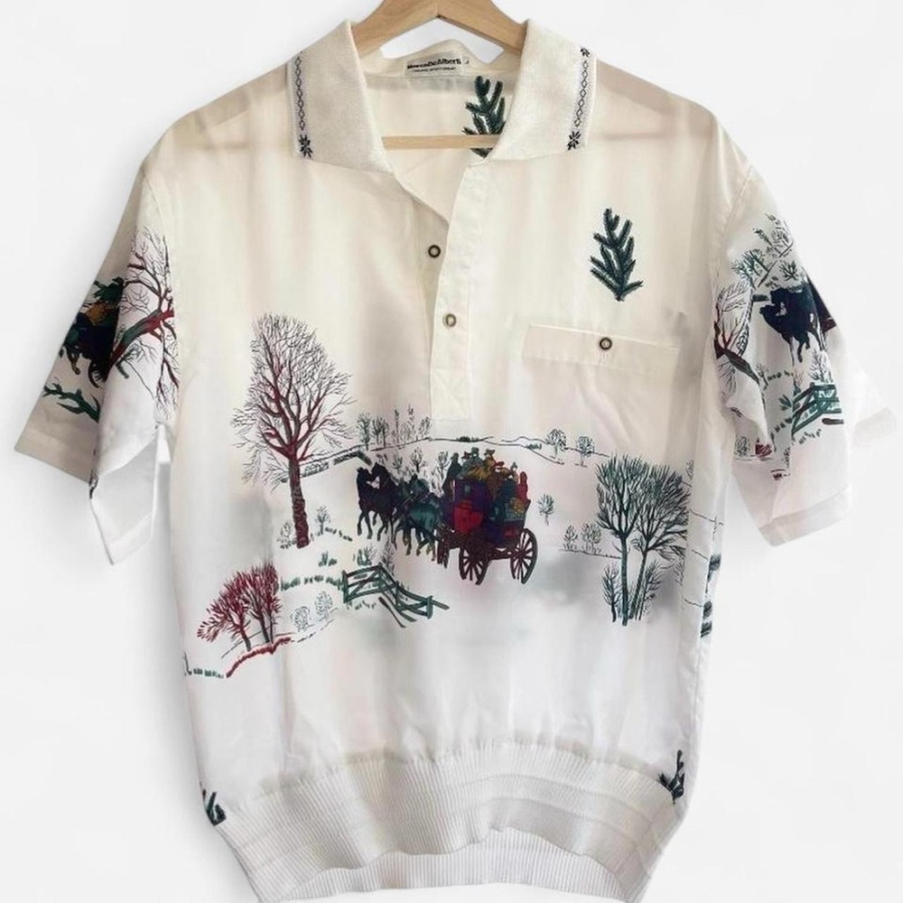 Vintage Marco DeAlberti Original Sportswear White Shirt Winter Horse Carriage
